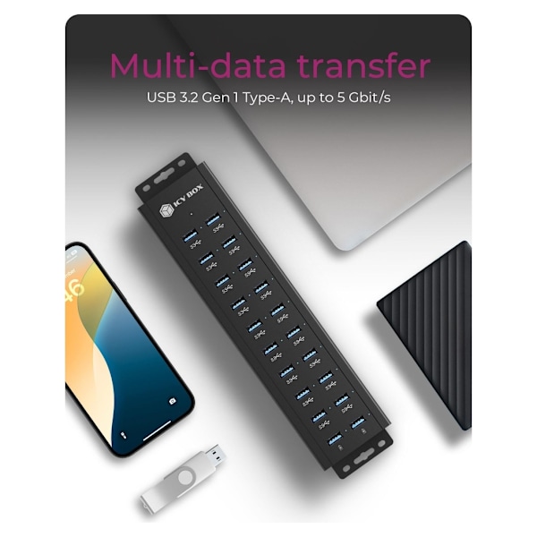 Raidsonic, 20-i-1 USB HUB med strømforsyning, tænd/sluk-knap og monteringsbeslag, IB-HUB1720-U3