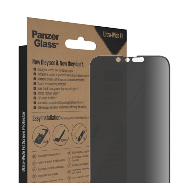 PanzerGlass, Skærmbeskytter, Apple, iPhone 14/13/13 Pro, Glas, Sort, Ultra-Wide Fit, Privatliv