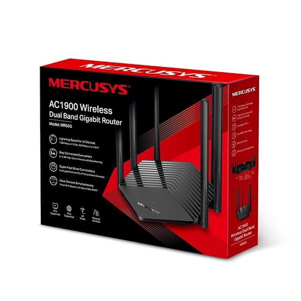 Trådløs router 1900 mbps (1 wan, 2x10/100/1000m, antal antenner 6, mr50g), Mercusys