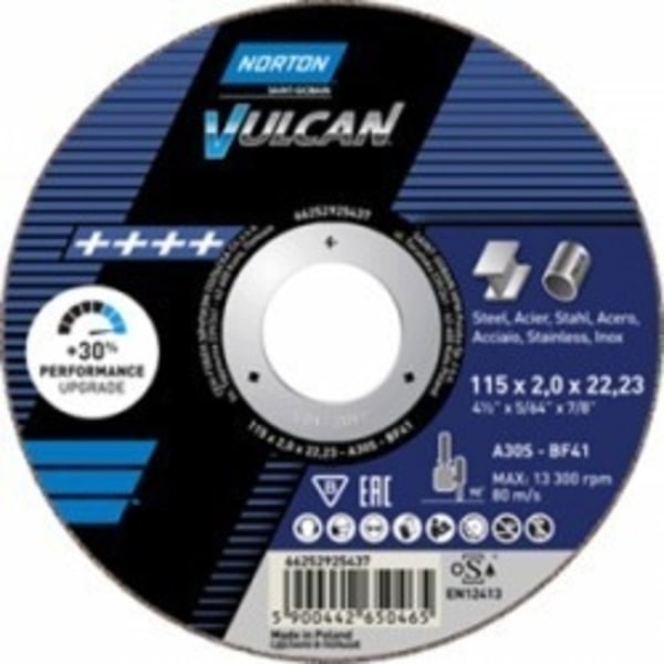 Set med 5 produkter. Kapskiva Norton Vulcan 41-230x2.0x22.23 A30S