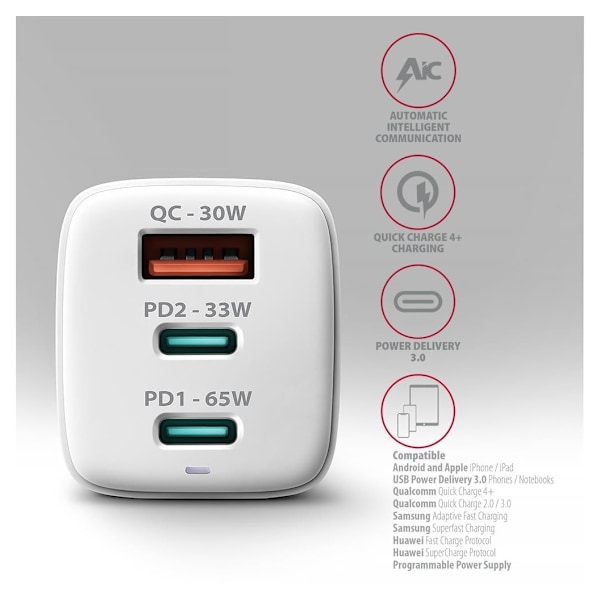 AXAGON, GaN vegglader 3x port (USB-A + 2x USB-C), PD3.0/PPS/QC4+/SFC2.0/AFC/SCP/FCP/Apple, 65W, ACU-DPQ65W