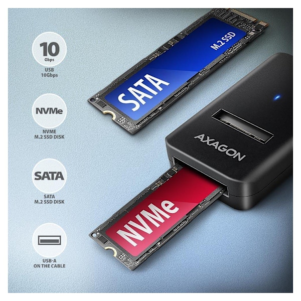 AXAGON, USB-A 10 Gbps - M.2 NVMe og SATA SSD-adapter, ADM2-AM