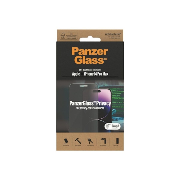 PanzerGlass, Skärmskydd, Apple, iPhone 14 Pro Max, Glas, Svart, Ultra-Wide Fit Privacy AB