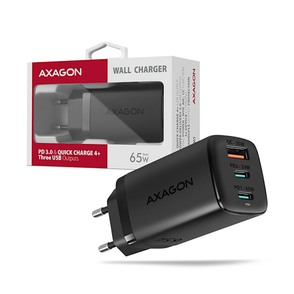 AXAGON, GaN väggladdare 3x port (USB-A + 2x USB-C), 65W, ACU-DPQ65
