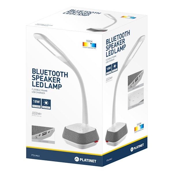 Platinet skrivebordslampe med højttaler & USB-oplader PDLM6U 18W (44126)