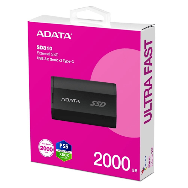Ekstern SSD sd810 (2tb, usb-c, skrivehastighed 2000 mbytes/sek., læsehastighed 2000 mbytes/sek., sd810-2000g-cbk), Adata