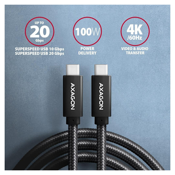 AXAGON, USB Type-C - USB Type-C, SPEED + USB-C, USB 20 Gbps kaapeli, 0,5 m, BUCM32-CM05AB