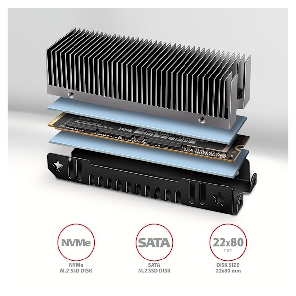 AXAGON, passiv køler i aluminium til enkelt- og dobbeltsidede M.2 SSD'er størrelse 2280, højde 24 mm, CLR-M2XT