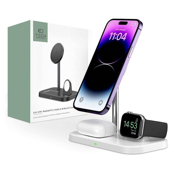 Tech-protect trådløs lader QI15W A22 3in1 Magnetic MagSafe, hvit