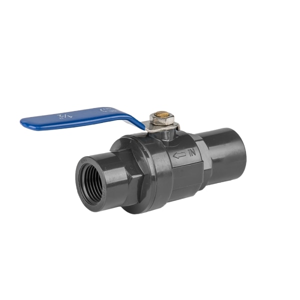 Set med 2 produkter. PN10 PVC kombinert ventil, SS håndtak 1 1/2" hunn / 1 1/2" hunn