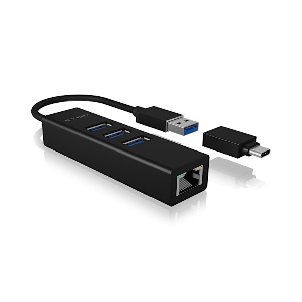 Raidsonic, 4-porttinen keskitin, USB 3.0 Type-A, Type-C, Gigabit LAN, Icy Box IB-HUB1419-LAN