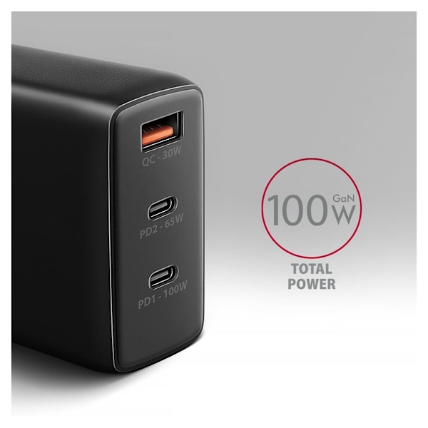 AXAGON, GaN vægoplader, 3x port (USB-A + 2x USB-C), PD3.0/PPS/QC4+/SFC2.0/AFC/SCP/FCP/Apple, 100W, ACU-DPQ100