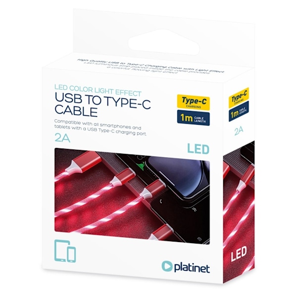Platinet-kaapeli USB - USB-C LED 2A 1m, punainen (45741)