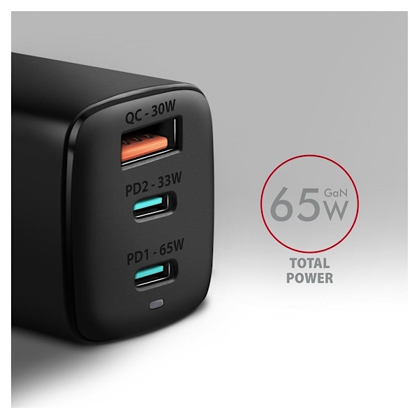 AXAGON, GaN vægoplader 3x port (USB-A + 2x USB-C), 65W, ACU-DPQ65