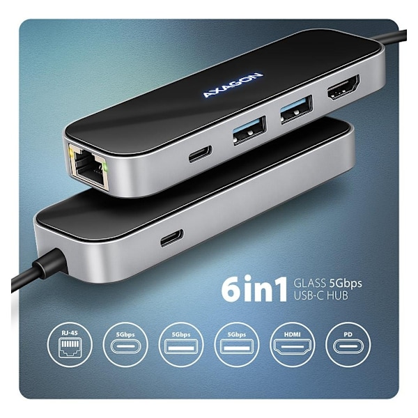 AXAGON, USB-C 5Gbps GLASS 6in1 Hub, HMC-6GLN