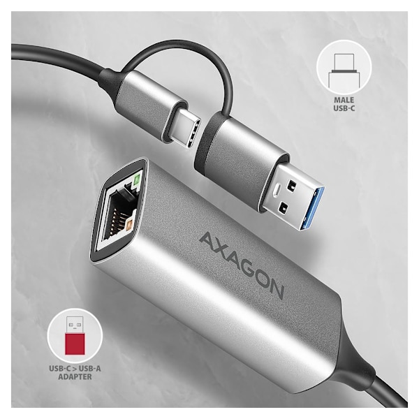 AXAGON, ADE-TXCA Kompakt aluminium USB 3.2 Gen 1 Gigabit Ethernet 10/100/1000Mbit-adapter med automatisk installation, Nintendo Switch-stöd och USB C-