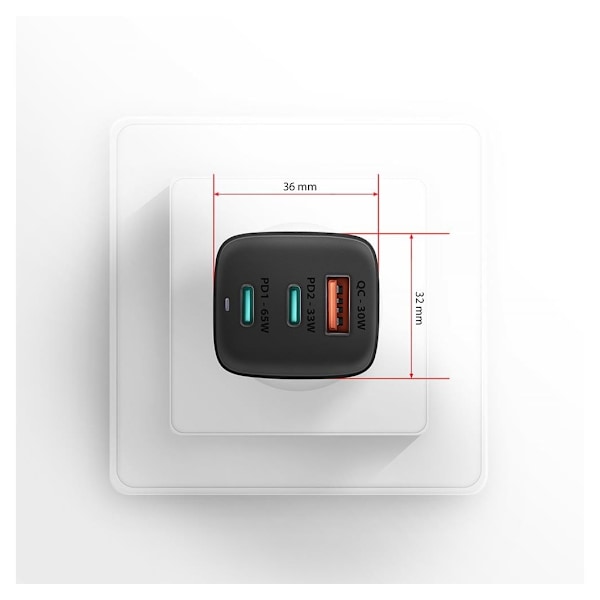 AXAGON, GaN vægoplader 3x port (USB-A + 2x USB-C), 65W, ACU-DPQ65