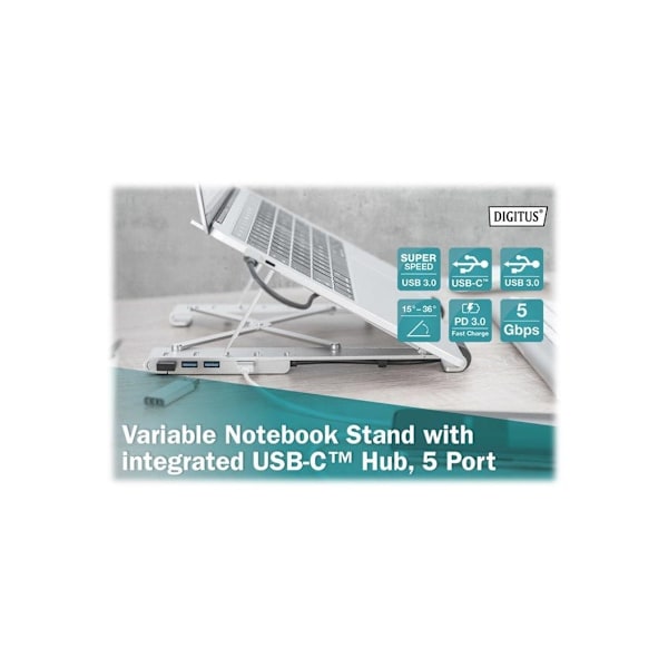 Digitus, variabel notebookstander med integreret USB-C-hub, 5 porte, DA-90424