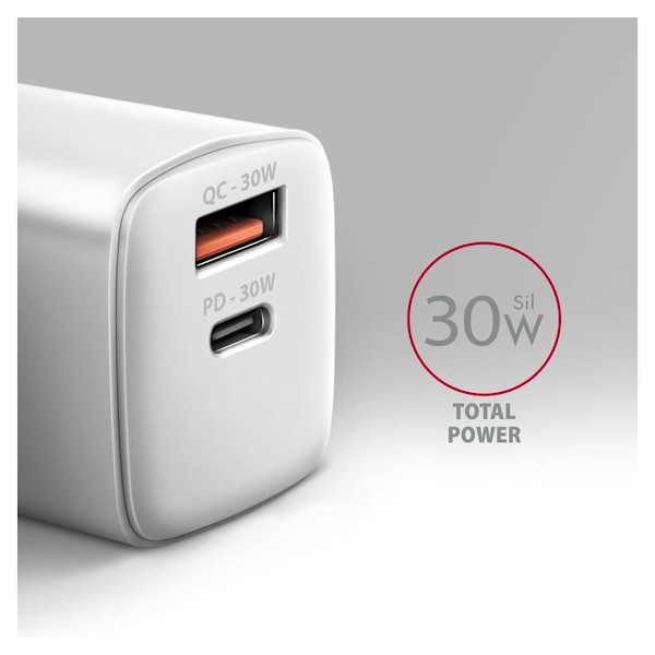 AXAGON, vægoplader 2x port (USB-A+USB-C), 30W, ACU-PQ30W