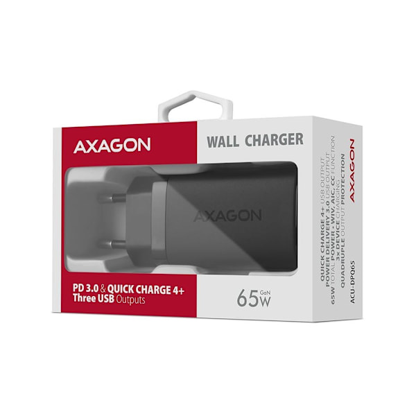 AXAGON, GaN vægoplader 3x port (USB-A + 2x USB-C), 65W, ACU-DPQ65