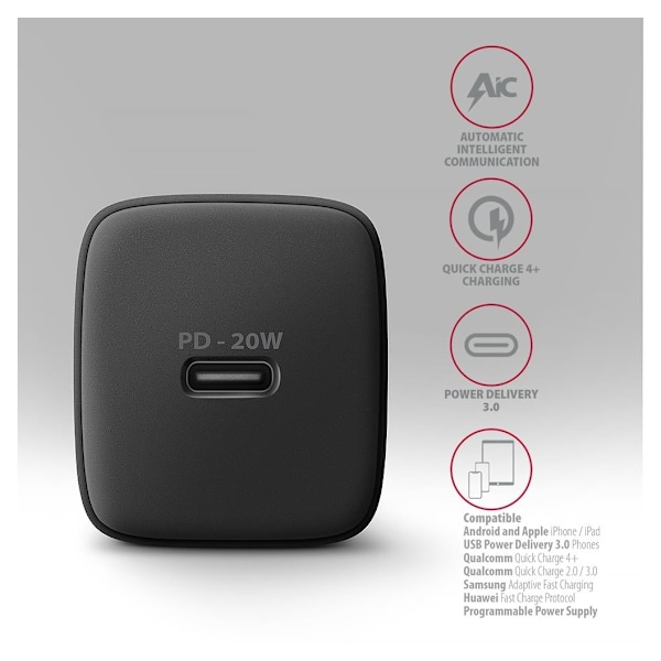 AXAGON, vegglader 1x port USB-C, PD3.0/PPS/QC4+/AFC/FCP/Apple, 20W, ACU-PD20