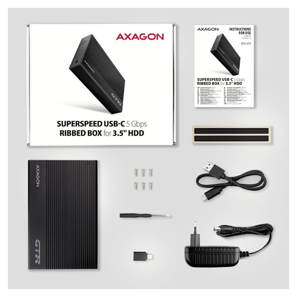 AXAGON, Ribbad aluminium USB 3.2 Gen 1 - SATA 6G extern box för 3,5" HDD, EE35-GTR
