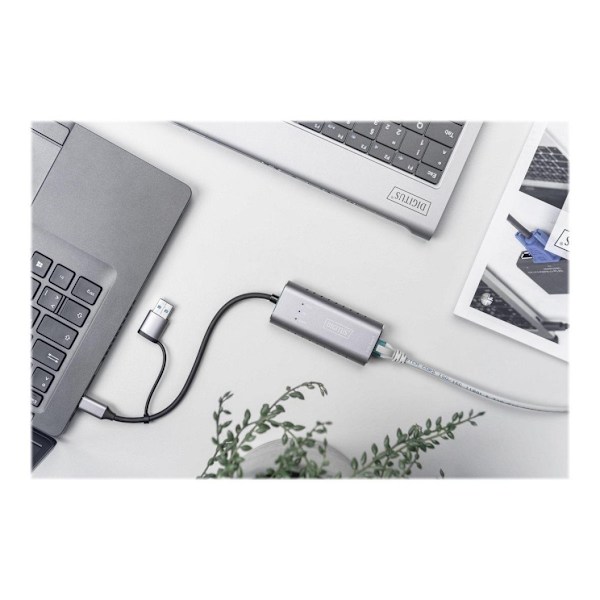 Digitus, USB3.0/USB C 3.1 til 2.5G Ethernet-adapter, USB Type-C Gigabit Ethernet-adapter 2.5G, USB-C + USB A (USB3.1/3.0), DN-3028