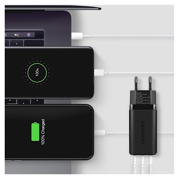 AXAGON, GaN vægoplader 3x port (USB-A + 2x USB-C), 65W, ACU-DPQ65