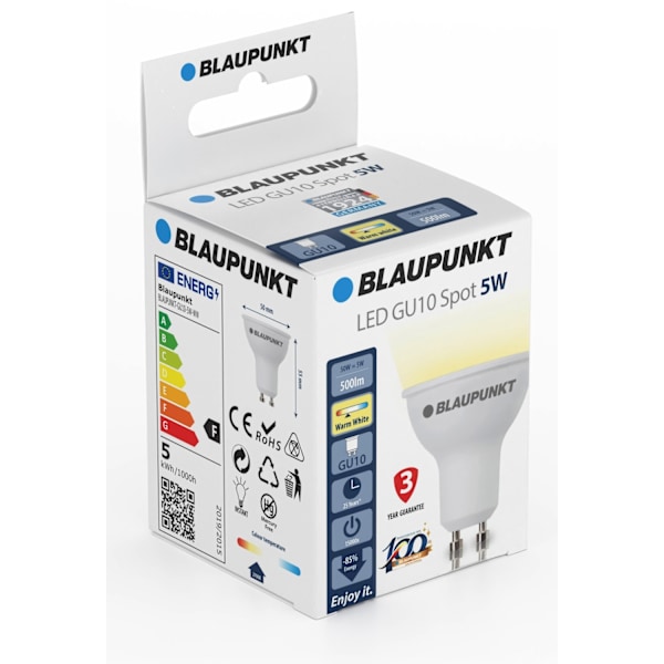 5 tuotteen paketti. Blaupunkt LED-lamppu GU10 500lm 5W 2700K