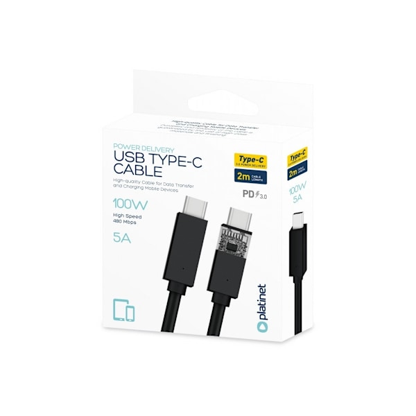 Platinet-kaapeli USB-C - USB-C 5A 100W 2m, musta (45579)