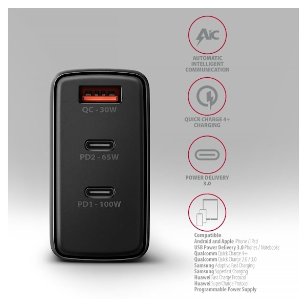 AXAGON, GaN-seinälaturi, 3x portti (USB-A + 2x USB-C), PD3.0/PPS/QC4+/SFC2.0/AFC/SCP/FCP/Apple, 100 W, ACU-DPQ100