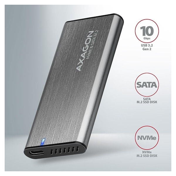 AXAGON, Extern USB-C 3.2 Gen 2 metalllåda för M.2 NVMe & SATA SSD-diskar, EEM2-SG2