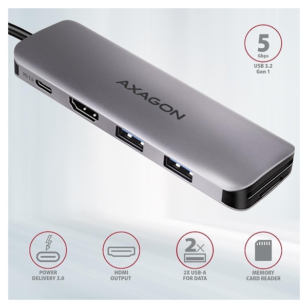 AXAGON, SuperSpeed ​​USB-C COMBO 5in1 Hub, HMC-5