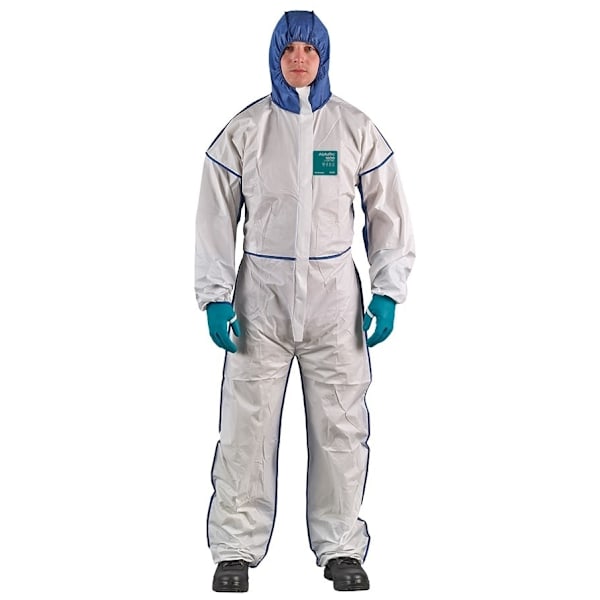 Set med 3 produkter. Engångsoverall Typ 5/6 Ansell Alphatec 1800 Comfort, vit/blå, ventilerande helrygg, storlek M