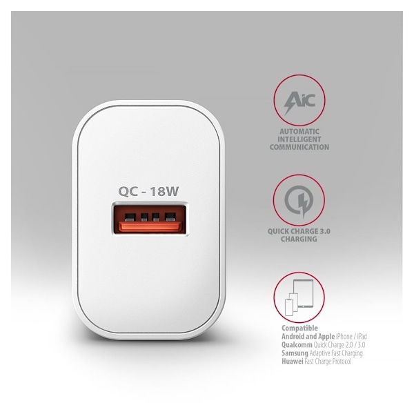 AXAGON, Vægoplader 1x port USB-A, QC3.0/AFC/FCP/Apple, 18W, ACU-QC18W