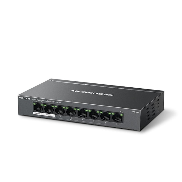 Kytkin MERCUSYS MS108GP (työpöytä/jalusta, 8x10Base-T / 100Base-TX / 1000Base-T, PoE+-portit 7, MS108GP)