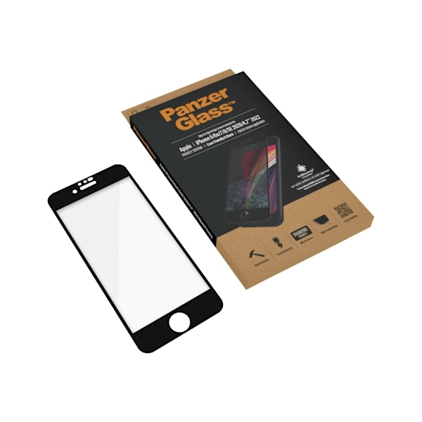 PanzerGlass, Apple, iPhone 6/6s/7/8/SE 2020, Hybridglas, Svart, Rundade kanter, 100 % beröringsskydd, Kristallklart, Skärmskydd