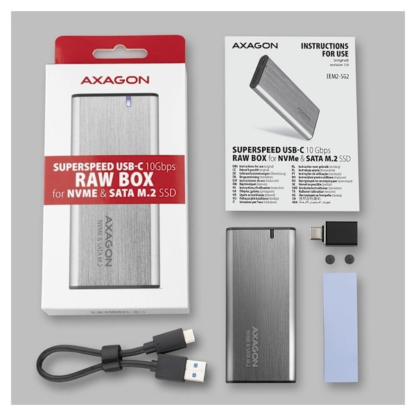AXAGON, Extern USB-C 3.2 Gen 2 metalllåda för M.2 NVMe & SATA SSD-diskar, EEM2-SG2