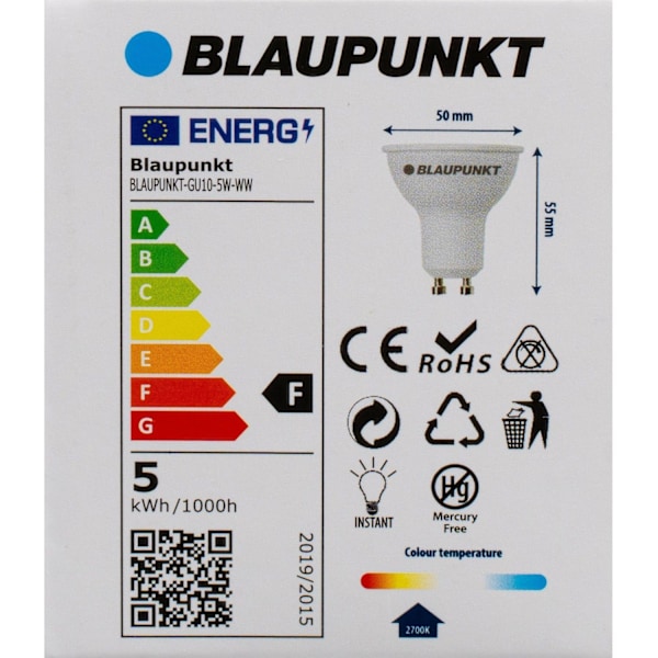 Set med 5 produkter. Blaupunkt LED-lampa GU10 500lm 5W 2700K