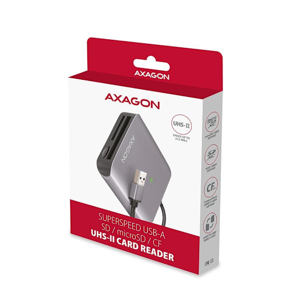 AXAGON, høyhastighets USB-A 3.2 Gen 1 minnekortleser i aluminium, 3 spor, CRE-S3