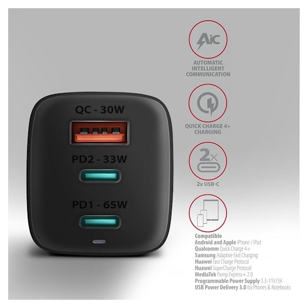 AXAGON, GaN vægoplader 3x port (USB-A + 2x USB-C), 65W, ACU-DPQ65