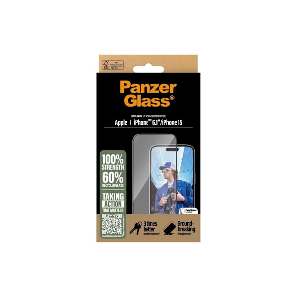 PanzerGlass Näytönsuoja, Apple, iPhone 16/iPhone 15, Lasi, Läpinäkyvä, Ultra-Wide Fit