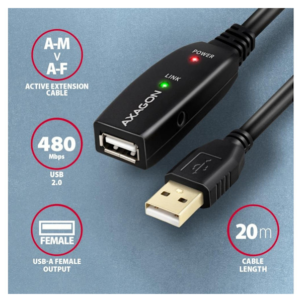 AXAGON, USB Type-A til USB Type-A, USB repeaterkabel, ADR-220