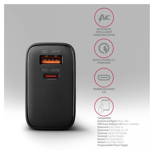 AXAGON, GaN vegglader 2x port (USB-A + USB-C), PD3.0/PPS/QC4+/SFC2.0/AFC/SCP/FCP/Apple, 45W, ACU-PQ45