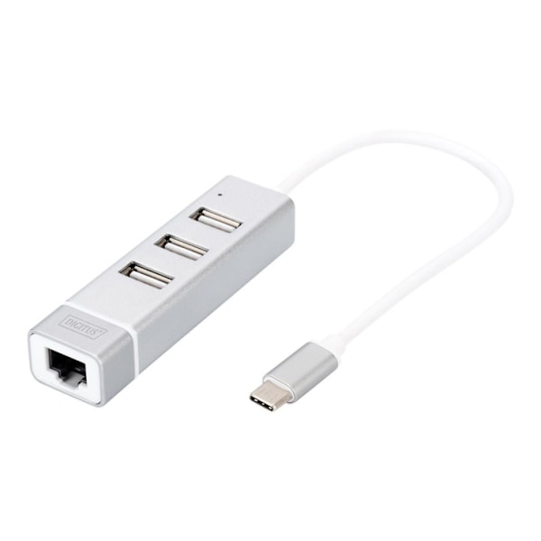 Digitus, USB Type-C 3-Port Hub + Fast Ethernet LAN-adapter, DA-70253 Aluminium