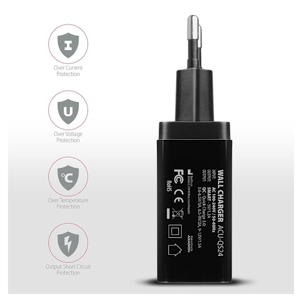 AXAGON, dobbel vegglader 240V/2x USB-port QC3.0/AFC/FCP og 5V-1.2A, 24W, ACU-QS24