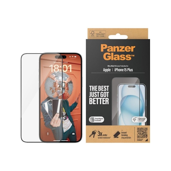 PanzerGlass, Skärmskydd, Apple, IPhone 15 Plus, Glas, Transparent, Ultrabred passform, Reptålig, Fallskydd, EasyAligner ingår