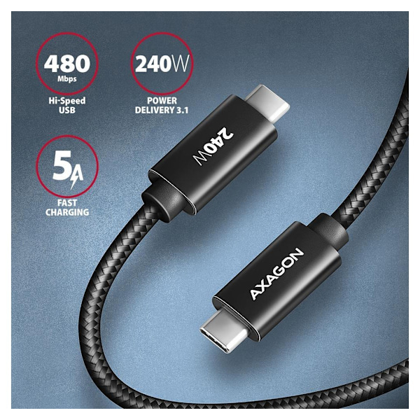 AXAGON, USB-C - USB-C, tiedonsiirto- ja lataus USB 480 Mbps kaapeli, 2,5 m, BUCM2-CM25AB
