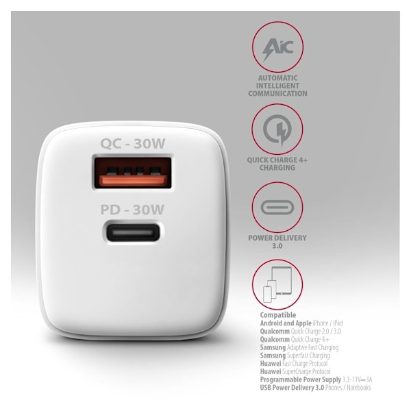 AXAGON, Vegglader 2x port (USB-A+USB-C), 30W, ACU-PQ30W