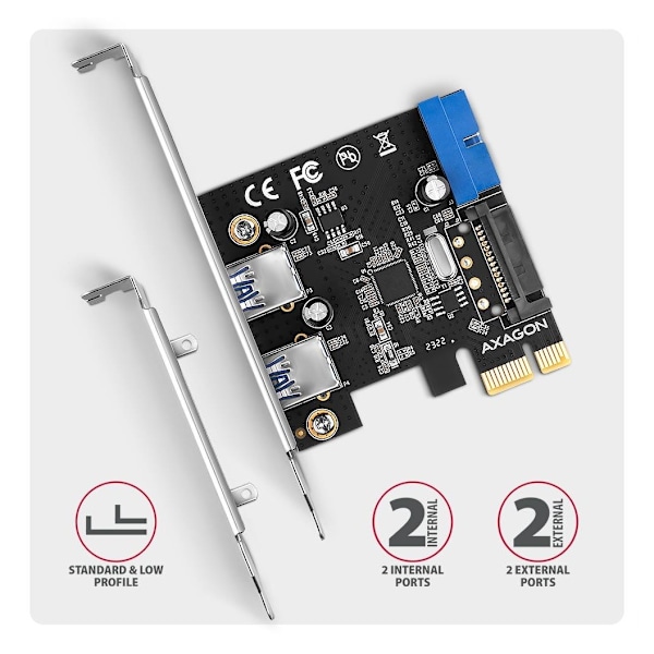 AXAGON, PCI-Express-kortti, jossa on pari sisäistä ja pari ulkoista USB 5Gbps -porttia, PCEU-232RS